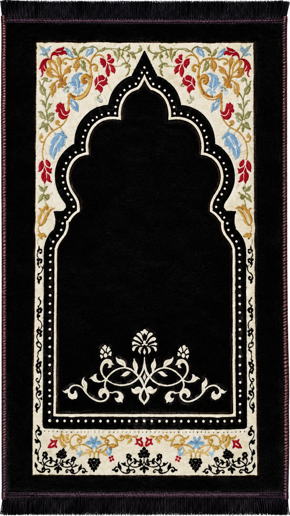 Black and Ivory Floral Mihrab Prayer Rug